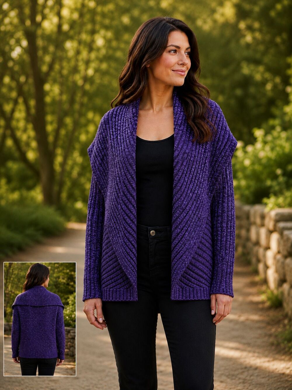 INC International Concepts Lrg Purple Black Metallic Open Front Cardigan Sweater